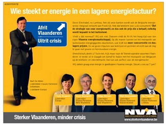NVA Vlaamse energiemaatschappij De advertentie over de 'Vlaamse' energiemaatschappij naar het voorbeeld van Telenet verscheen niet in De Morgen...