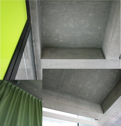 Collage van de gebruikte materialen. Links de folie op de toegangsdeur en de groene gordijnen van de kabinetten. Rechts de ontmantelde, blote betonstructuur van plafonds en zuilen, waarover in het begin zoveel controverse was. 