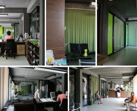 V.l.n.r. en van boven naar onder: 1) en 4) Onthaalbalie met uitzicht op wachtzaal, 2) de glazen wand met gordijn waarop de patiënt kijkt als hij aan het bureau van de arts zit, 3) buitenkant van kabinet en toegangsdeur, 5) de grote wachtzaal en onthaalbalie in de diepte.