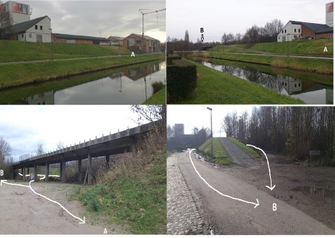 De brug zorgt actueel voor een bijkomende verbinding voor voetgangers tussen punt A (gebouw De Pitte) en punt B (ingang Deltaweide). Foto 2 en 3: zicht vanuit Zuiden, foto 1 en 4 vanuit Noorden