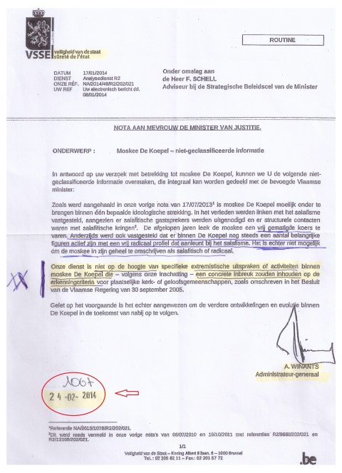 Het kernstuk: al op 17/1/2014 pleit de Staatsveiligheid zelf De Koepel vrij: geen reden voor opheffing van erkenning. De datum van aankomst bij provincie en stad (24/2/) bewijst dat De Wever op 31 maart zijn gemeenteraad bewust voorloog.
