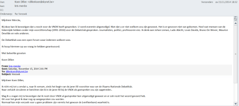 Mail waarin Koen Dillen, voorzitter van de Vlaams-Nationale Debatklub (VNDK) van 1991 tot 2010, bevestigt dat Kris Merckx, in tegenstelling tot de bewering van Jambon, nooit voor zijn club sprak..