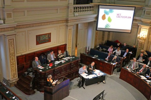 Om te tonen waar geld kan gehaald worden voor jobs bij de overheid, liet ook Nicole de cover van het Cactusplan projecteren. (Toevallig boven de hoofden van de N-VA-fractie en de gedeputeerden :-) 
