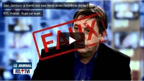'FAUX' bovenop het gezicht van Jambon bij de onthulling van zijn leugens op RTL-tvi.