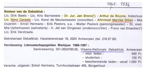 Uit het ledenblad van VNDK van oktober 1986. Van bij de aanvang domineerde het Vlaams Blok het bestuur: met Jan Brans maar ook met Marijke Dillen, Hans Carpels en Arthur de Bruyne (hoofdredacteur van ’t Pallieterke).