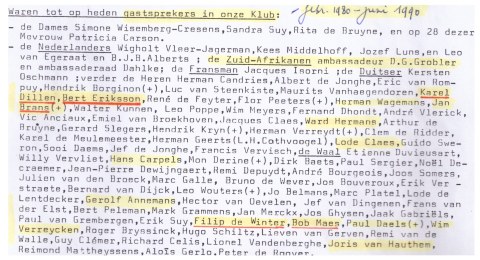 De lijst van sprekers uit de eerste tien jaren van de VNDK (1980-1990). Naast oud-topcollaborateurs (Brans, Ward Hermans, Leo Poppe) bemerken we zowel Bob Maes (van de tot ontbinding veroordeelde ‘eerste’ VMO) als… Bert Eriksson – ‘Ja ik ben een nazi’ – van de na 1970 heropgerichte ‘tweede’ VMO. Verder een rits Vlaams Blok-tenoren, zoals stichter Karel Dillen, Filip De Winter, Annemans … De uitnodiging van sprekers met een gewoner of soms zelfs wat progressief profiel dienden om de het extreemrechts karakter van de club te camoufleren en de VNDK meer aanvaardbaar te maken.