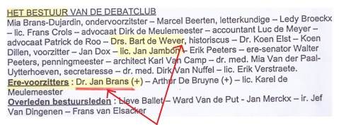 Merk op hoe noch Jambon, noch De Wever en uiteraard ook niet Koen Dillen, er bezwaar tegen hebben te figureren in een lijst van bestuurders waaronder altijd de overleden erevoorzitter Jan Brans vermeld wordt. Kan je duidelijker maken dat de VNDK in de lijn van diens donkerbruin gedachtegoed blijft?