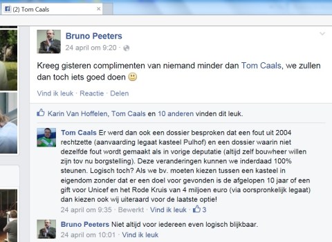 Een N-VA-gedeputeerde drukt op de Facebookpagina van Tom Caals zijn tevredenheid uit over de steun van de Groen-fractie voor onder meer de verkoop van het Pulhof.