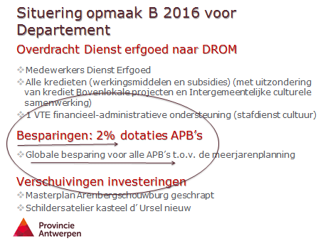 Extra besparing van 2 procent opgelegd aan 'alle' Autonome Provinciebedrijven (APB's). 